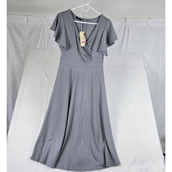 Dokotoo Dresses & Skirts - Dokotoo Midi Party Dress Women's Medium Grey Flutter Sleeve V-Neck Short Sleeve